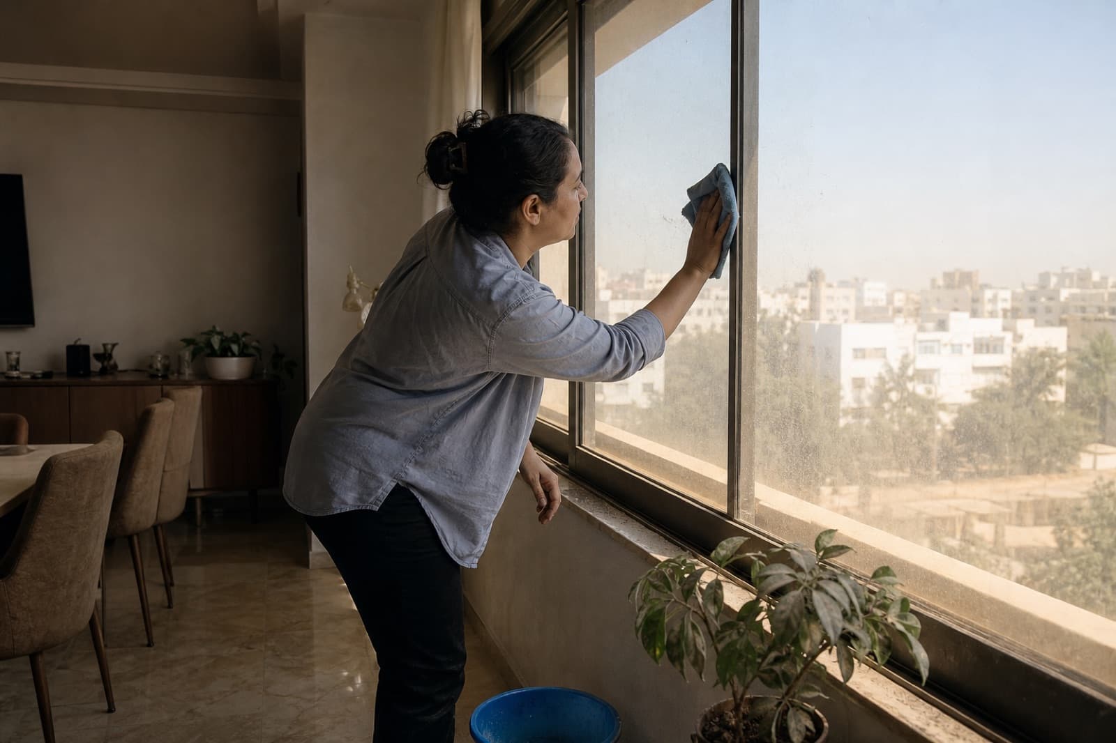 Femme essuyant une vitre poussiéreuse après le chergui à Rabat