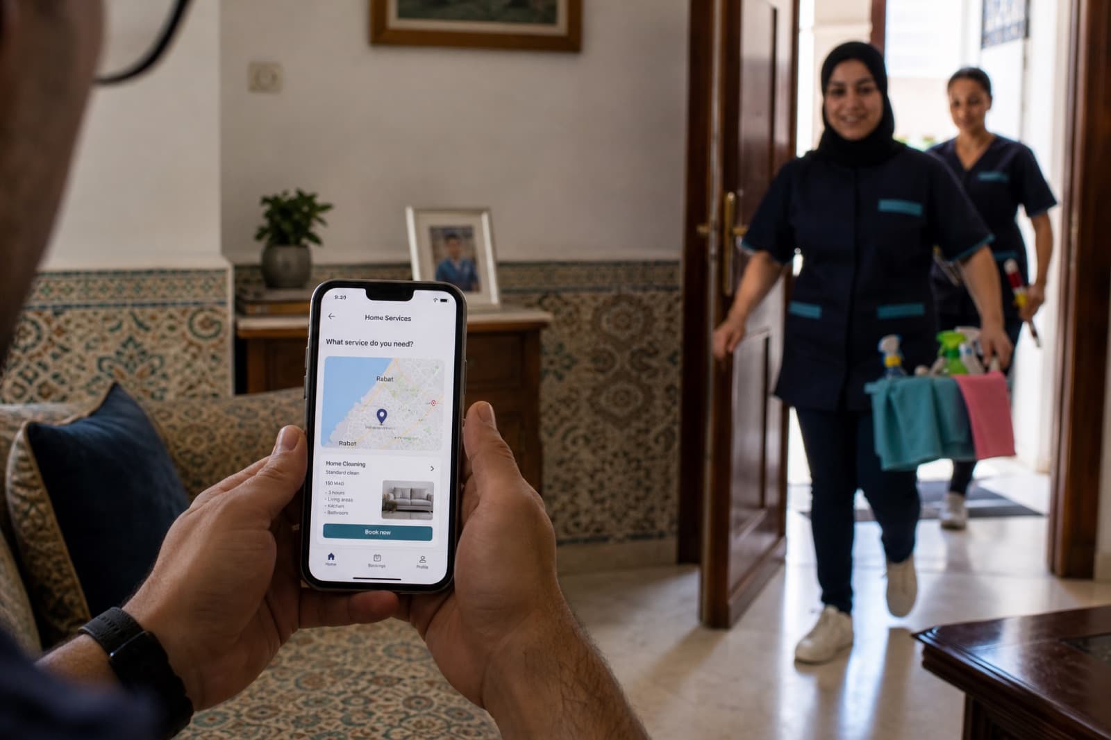 Réservation d'un service à domicile sur téléphone, équipe de ménage à la porte