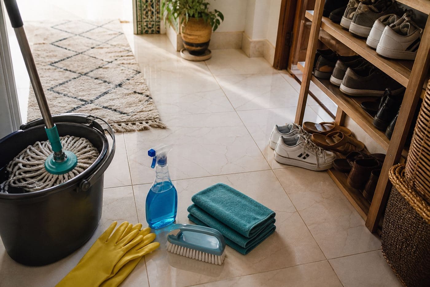 Matériel de ménage prêt pour un passage à domicile à Rabat